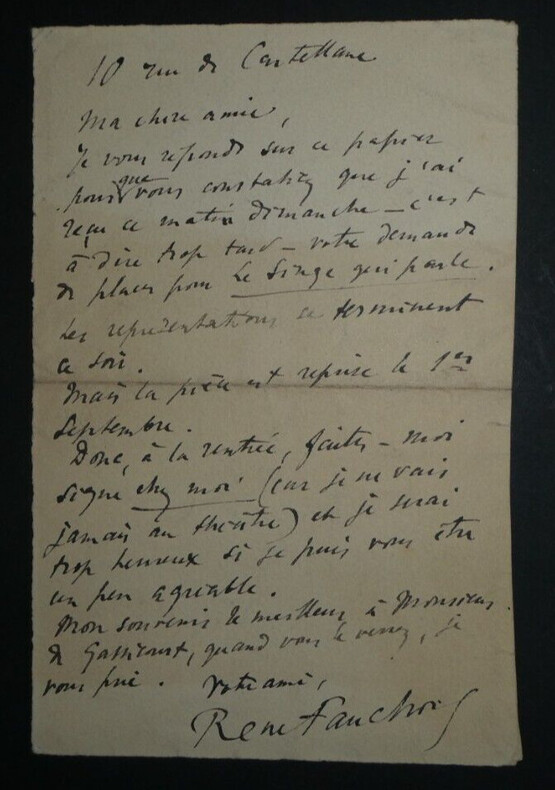 Ren&eacute; FAUCHOIS, &Eacute;crivain - BELLE LETTRE AUTOGRAPHE SIGN&Eacute;E, "Le singe qui parle". Ren&eacute; FAUCHOIS