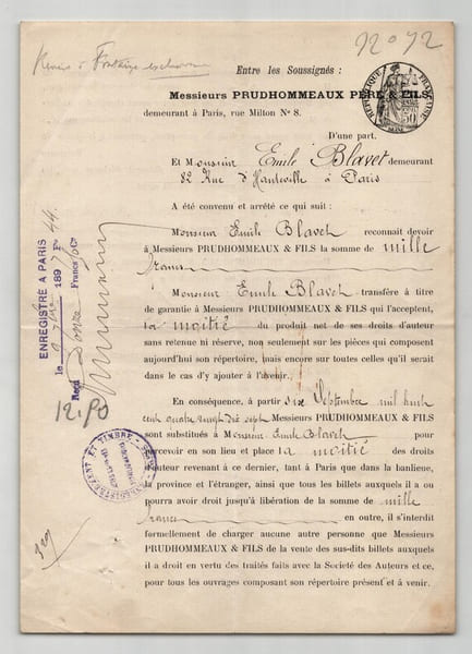 Pouvoir sign&eacute; par &Eacute;mile Blavet - Collection de 25 auteurs & musiciens. &Eacute;mile Blavet