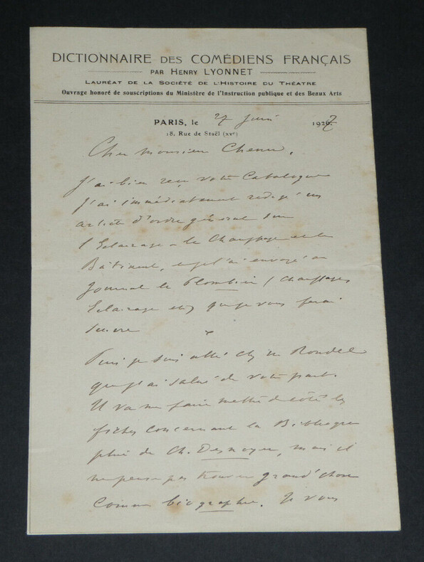 Henry LYONNET, &eacute;crivain - LETTRE AUTOGRAPHE SIGN&Eacute;E &Agrave; Henri CHENU, 1927. Henry LYONNET