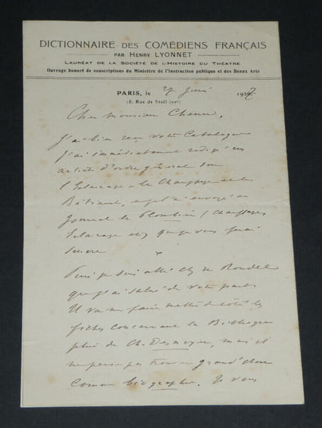 Henry LYONNET, &eacute;crivain - LETTRE AUTOGRAPHE SIGN&Eacute;E &Agrave; Henri CHENU, 1927. Henry LYONNET