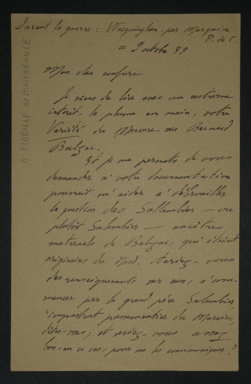 Andr&eacute; MABILLE de PONCHEVILLE - LETTRE AUTOGRAPHE SIGN&Eacute;E, G&eacute;n&eacute;alogie de Balzac. Andr&eacute; Mabille de Poncheville