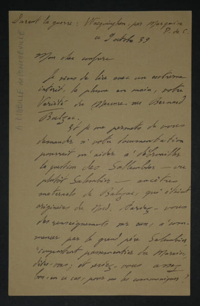 Andr&eacute; MABILLE de PONCHEVILLE - LETTRE AUTOGRAPHE SIGN&Eacute;E, G&eacute;n&eacute;alogie de Balzac. Andr&eacute; Mabille de Poncheville