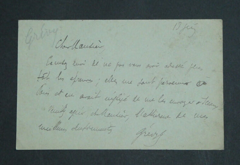 Auguste Gr&eacute;vy, Math&eacute;maticien - Carte postale autographe sign&eacute;e &agrave; Mr Laisant, 1901. Auguste GR&Eacute;VY