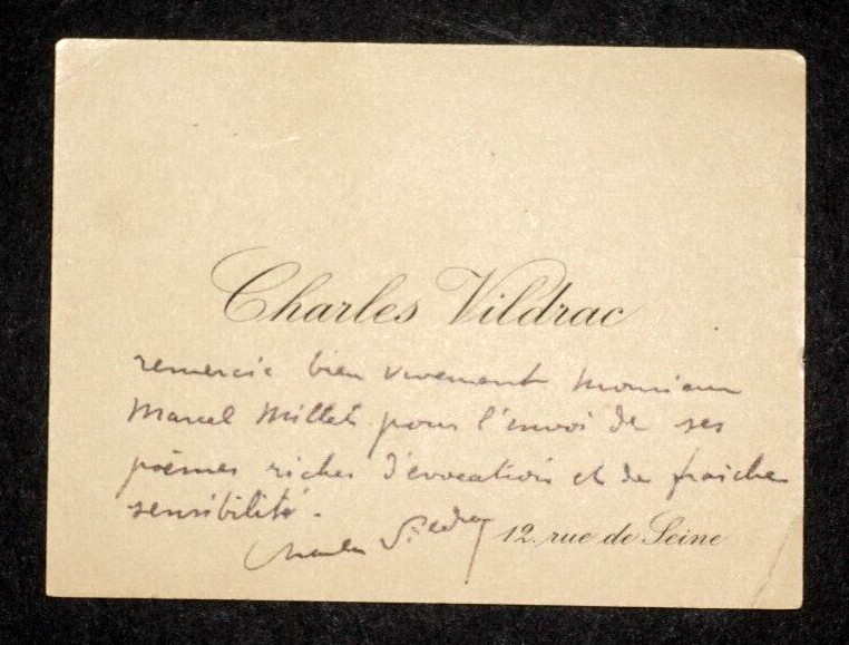 Charles VILDRAC, Po&egrave;te - CARTE DE VISITE AUTOGRAPHE SIGN&Eacute;E POUR Marcel MILLET. Charles VILDRAC