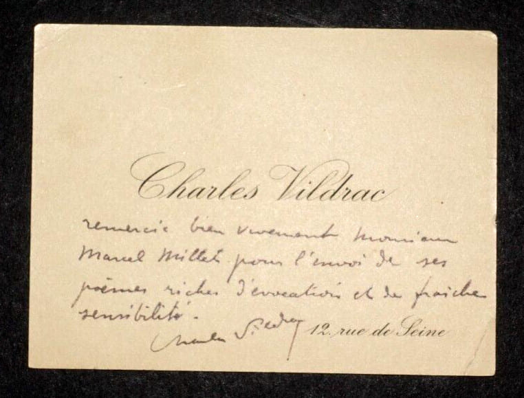 Charles VILDRAC, Po&egrave;te - CARTE DE VISITE AUTOGRAPHE SIGN&Eacute;E POUR Marcel MILLET. Charles VILDRAC