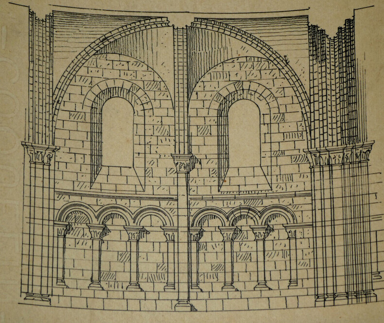 Trav&eacute;e de l'&eacute;glise du Petit-Quevilly, pr&egrave;s Rouen (XIIe si&egrave;cle) — Dessin original &agrave; l'encre. Louis Henri Laffill&eacute;e