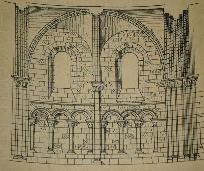 Trav&eacute;e de l'&eacute;glise du Petit-Quevilly, pr&egrave;s Rouen (XIIe si&egrave;cle) — Dessin original &agrave; l'encre. Louis Henri Laffill&eacute;e