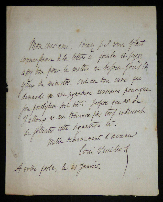 Louis VEUILLOT - Lettre autographe sign&eacute;e adress&eacute;e &agrave; Eug&egrave;ne Loudun. Louis Veuillot