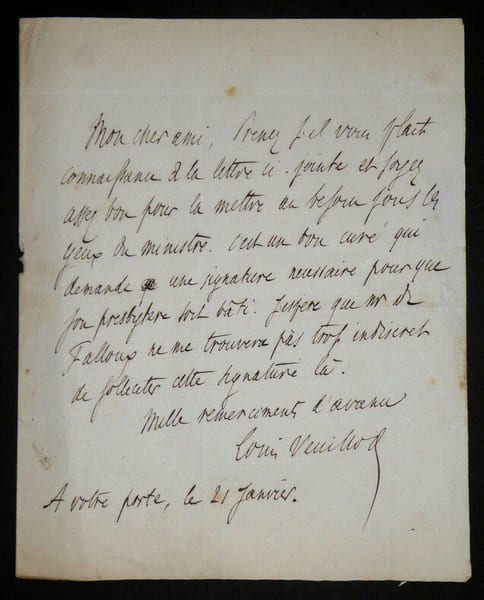 Louis VEUILLOT - Lettre autographe sign&eacute;e adress&eacute;e &agrave; Eug&egrave;ne Loudun. Louis Veuillot