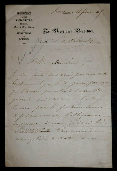 LETTRE AUTOGRAPHE SIGN&Eacute;E, 1860. Emile Colombel