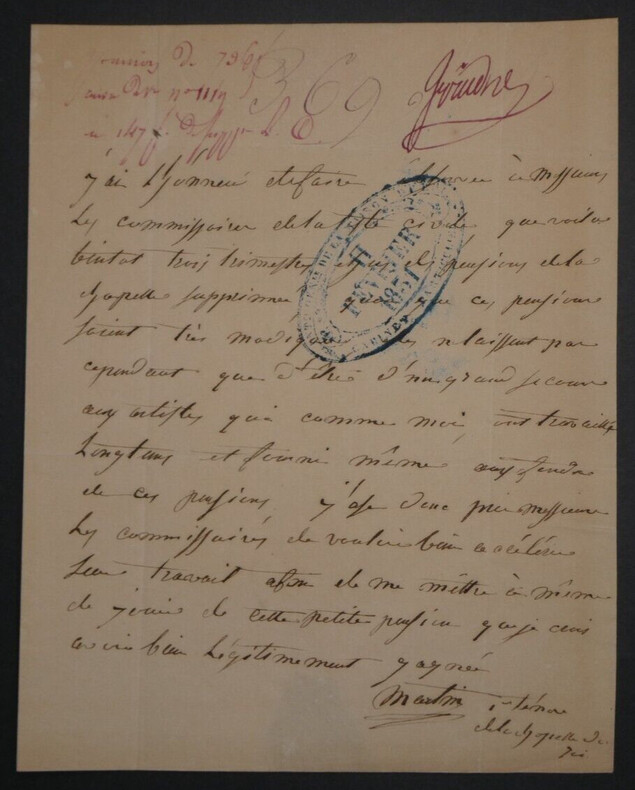 Jean-Blaise MARTIN, Musicien - LETTRE AUTOGRAPHE SIGN&Eacute;E, 1851. Jean-Blaise MARTIN