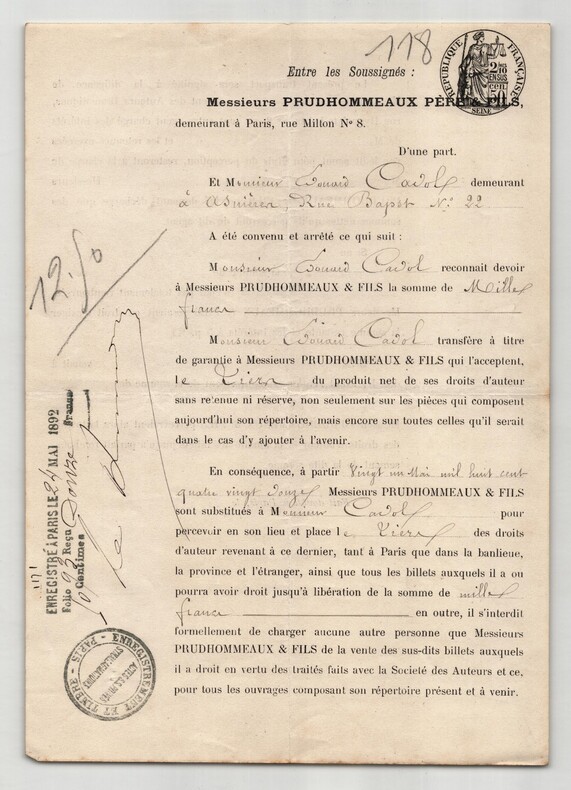 Pouvoir sign&eacute; par &Eacute;douard Cadol – Collection coh&eacute;rente de 50 auteurs & musiciens. &Eacute;douard Cadol