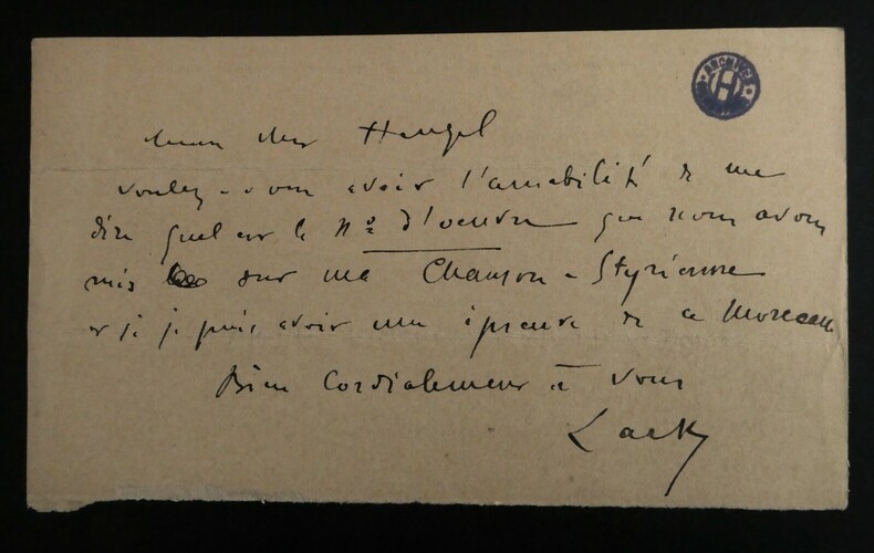 LACK Th&eacute;odore - CARTE T&Eacute;L&Eacute;GRAMME AUTOGRAPHE SIGN&Eacute;E &Agrave; Henri HEUGEL, 1892. Th&eacute;odore LACK