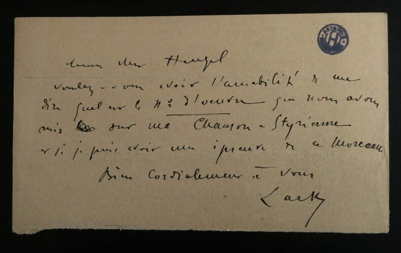 LACK Th&eacute;odore - CARTE T&Eacute;L&Eacute;GRAMME AUTOGRAPHE SIGN&Eacute;E &Agrave; Henri HEUGEL, 1892. Th&eacute;odore LACK