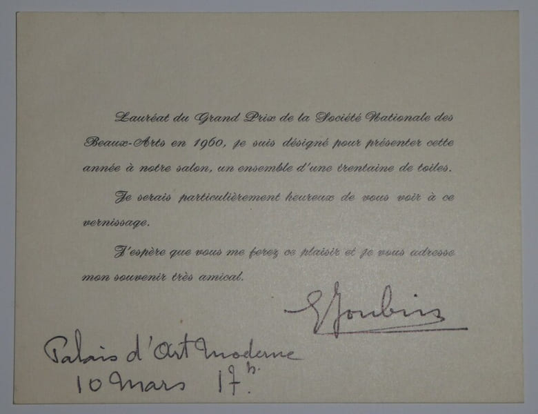 JOUBIN Georges - CARTON D'INVITATION, PALAIS D'ART MODERNE, PARIS 1960. Georges Joubin