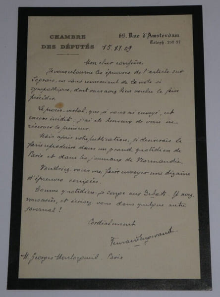 Fernand ENGERAND, Homme politique - LETTRE AUTOGRAPHE SIGN&Eacute;E, 1909. Fernand ENGERAND