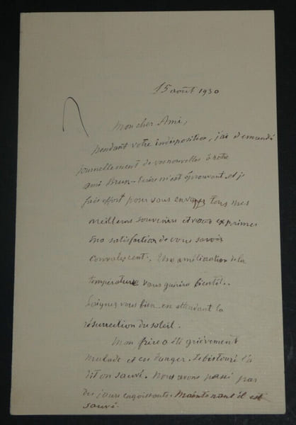Joseph de BAYE - Belle lettre autographe sign&eacute;e 2 pages 1930. Joseph de BAYE