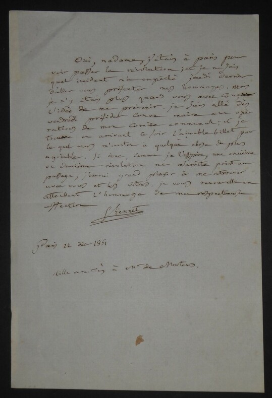 VIENNET Jean Pons Guillaume - LETTRE AUTOGRAPHE SIGN&Eacute;E, PARIS 22 d&eacute;cembre 1851. Jean-Pons-Guillaume Viennet