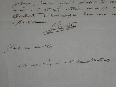 VIENNET Jean Pons Guillaume - LETTRE AUTOGRAPHE SIGNÉE, PARIS 22 décembre 1851