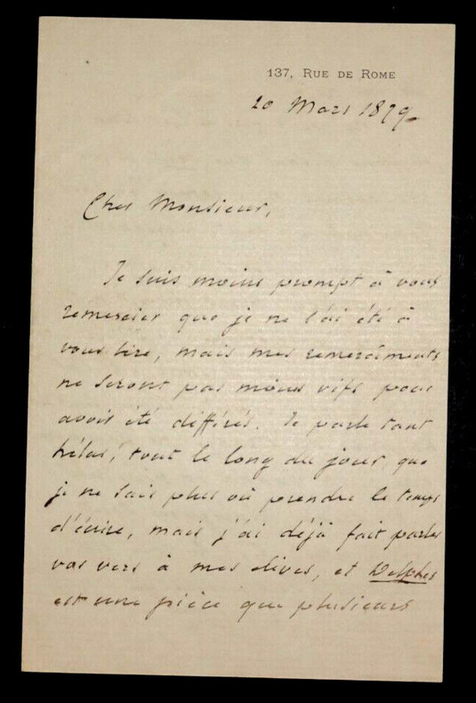 Fran&ccedil;ois-Joseph REGNIER, Acteur de th&eacute;&acirc;tre - LETTRE AUTOGRAPHE SIGN&Eacute;E, 1879. Fran&ccedil;ois-Joseph REGNIER