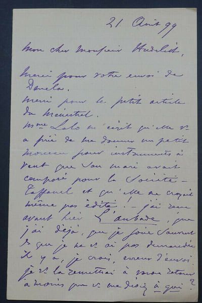 Jules DANBE, LETTRE AUTOGRAPHE SIGNEE A M. D'HUDELIST, 1899. Jules Danb&eacute;