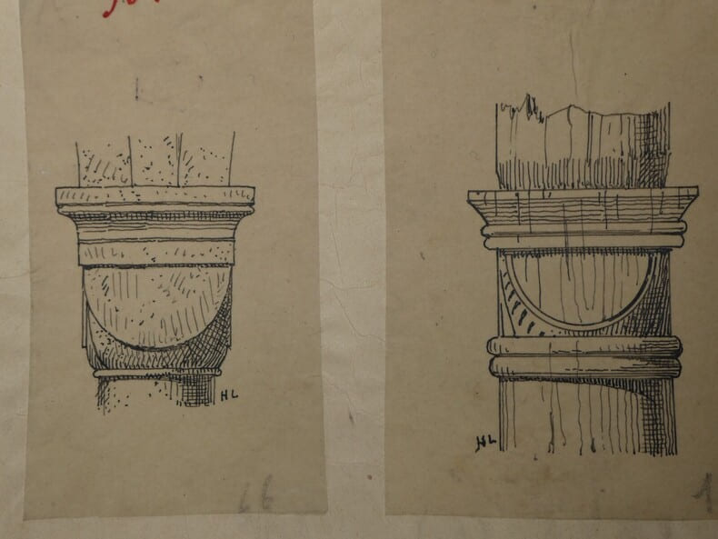 Chapiteau cubique ind&eacute;termin&eacute; — Dessin original sign&eacute; de ses initiales, r&eacute;alis&eacute; &agrave; l'encre vers 1930. Henri Laffill&eacute;e