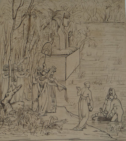 Beau dessin &agrave; l'encre du XIX&egrave;me si&egrave;cle - Mo&iuml;se sauv&eacute; des eaux. 