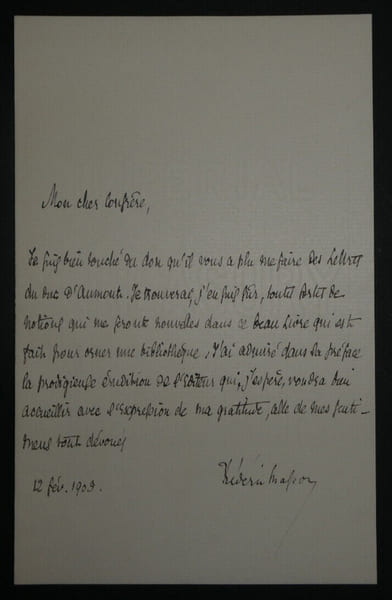 Fr&eacute;d&eacute;ric MASSON, Historien - LETTRE AUTOGRAPHE SIGN&Eacute;E LETTRES DU DUC D'AUMONT. Fr&eacute;d&eacute;ric MASSON