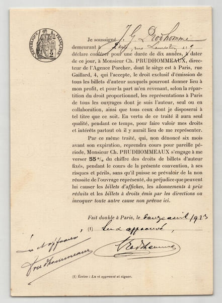 Pouvoir sign&eacute; par J.G. Prudhomme – Collection de 50 auteurs & musiciens. J.G. Prudhomme