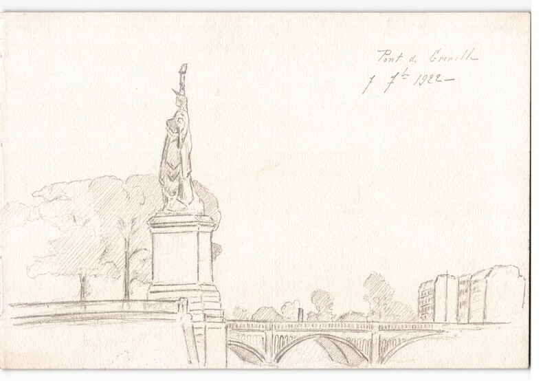 Dessin au crayon, Pont de Grenelle &agrave; Paris statue libert&eacute;, par E. Phelipeau 1922. E. Phelipeau