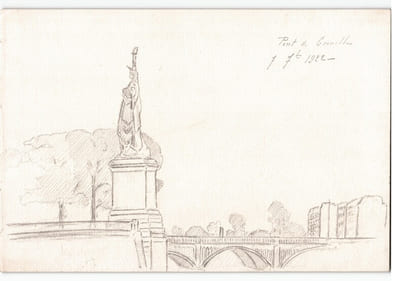 Dessin au crayon, Pont de Grenelle à Paris statue liberté, par E. Phelipeau 1922