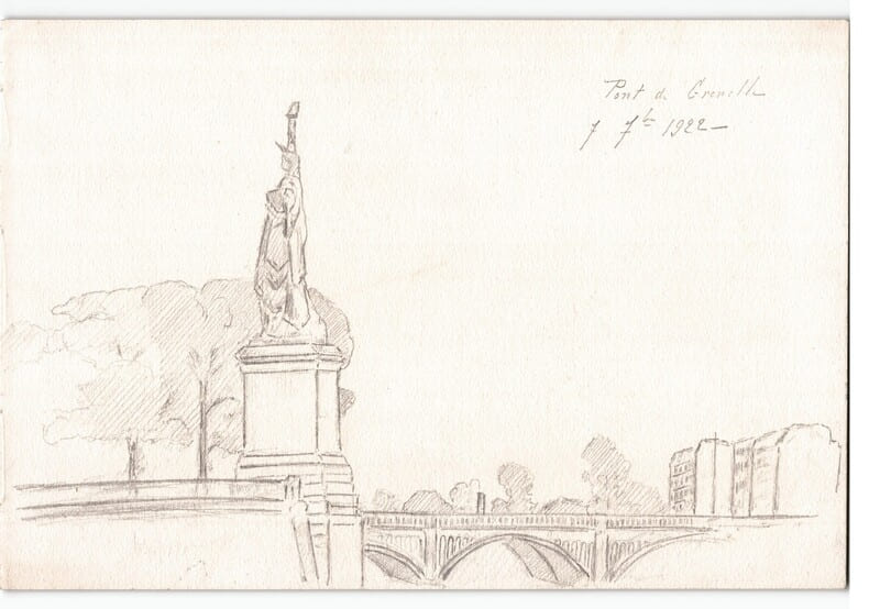 Dessin au crayon, Pont de Grenelle &agrave; Paris statue libert&eacute;, par E. Phelipeau 1922. E. Phelipeau