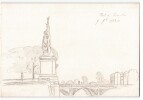 Dessin au crayon, Pont de Grenelle &agrave; Paris statue libert&eacute;, par E. Phelipeau 1922. E. Phelipeau