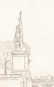 Dessin au crayon, Pont de Grenelle à Paris statue liberté, par E. Phelipeau 1922