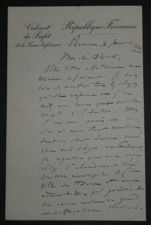 Ernest HENDL&Eacute;, Avocat et pr&eacute;fet - LETTRE AUTOGRAPHE SIGN&Eacute;E ROUEN 1886. Ernest HENDL&Eacute;