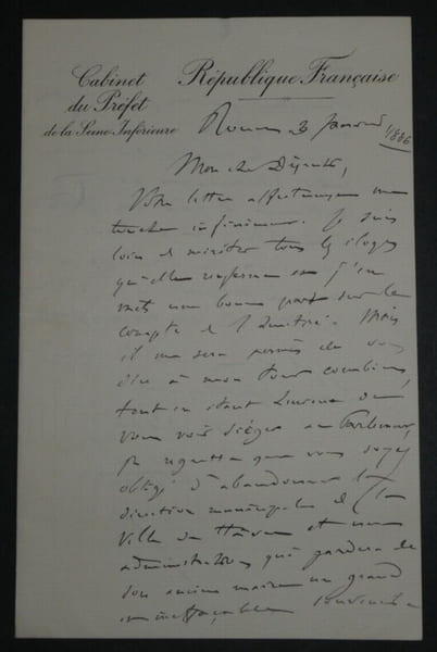 Ernest HENDL&Eacute;, Avocat et pr&eacute;fet - LETTRE AUTOGRAPHE SIGN&Eacute;E ROUEN 1886. Ernest HENDL&Eacute;