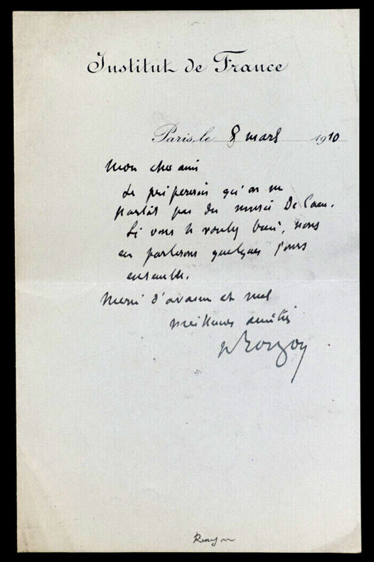 Henry ROUJON, Essayiste - LETTRE AUTOGRAPHE SIGN&Eacute;E, Institut de France, 1910. Henry ROUJON