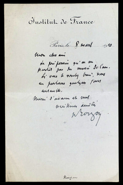 Henry ROUJON, Essayiste - LETTRE AUTOGRAPHE SIGN&Eacute;E, Institut de France, 1910. Henry ROUJON
