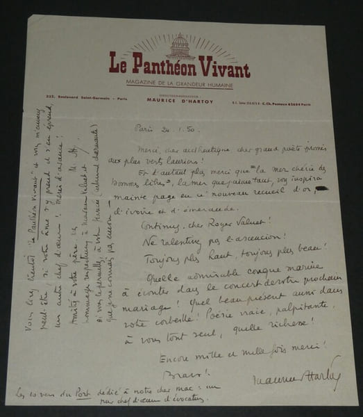 Maurice d'HARTOY Lettre autographe sign&eacute;e d'&eacute;loges &agrave; Roger Valuet 1950 1 page. Maurice d'HARTOY