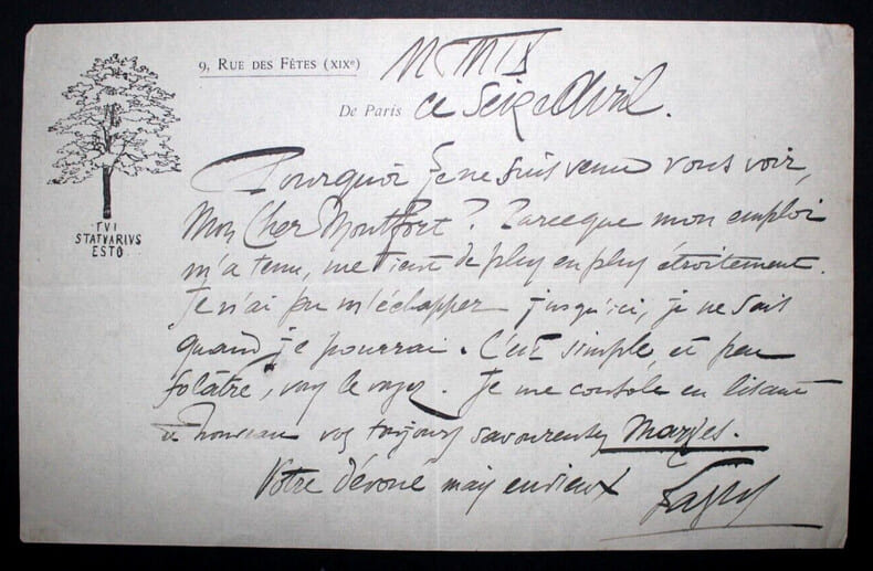 FAGUS (Georges FAILLET) - LETTRE AUTOGRAPHE SIGN&Eacute;E A MR MONTFORT PARIS 1909. FAGUS (Georges FAILLET)