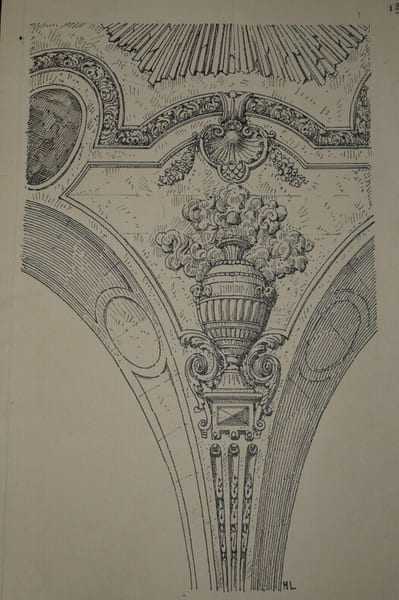 Pendentif de la vo&ucirc;te centrale de l'&eacute;glise Saint-Sulpice — Dessin original sign&eacute;, encre, vers 1930. Louis Henri Laffill&eacute;e