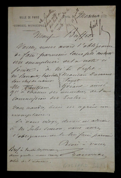 LETTRE AUTOGRAPHE SIGN&Eacute;E, 1872. Joseph-Antoine Bouvard