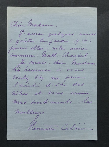 CELARIE Henriette - CARTE LETTRE AUTOGRAPHE SIGNEE &Agrave; MADAME VINCENS BOUGUEREAU. Henriette C&eacute;lari&eacute;