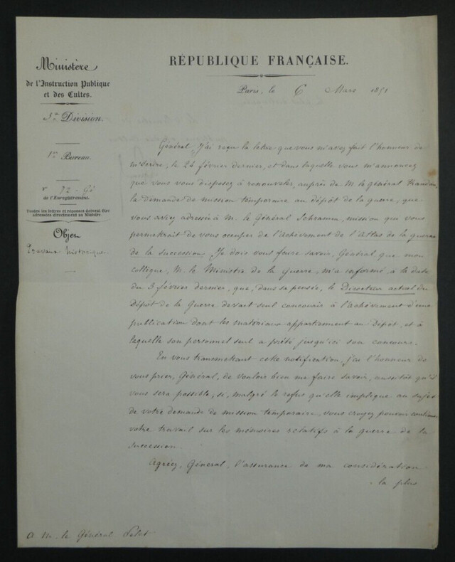 Charles GIRAUD, Homme politique - LETTRE SIGN&Eacute;E AU G&Eacute;N&Eacute;RAL PELET 1851. Charles GIRAUD