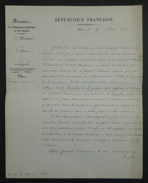 Charles GIRAUD, Homme politique - LETTRE SIGN&Eacute;E AU G&Eacute;N&Eacute;RAL PELET 1851. Charles GIRAUD