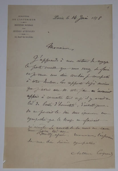 LETTRE AUTOGRAPHE SIGN&Eacute;E, MINISTERE DE L'INTERIEUR, PARIS, 1898. Arthur Coquard