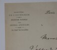 LETTRE AUTOGRAPHE SIGN&Eacute;E, MINISTERE DE L'INTERIEUR, PARIS, 1898. Arthur Coquard