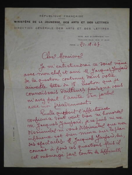 REY Robert - LETTRE AUTOGRAPHE SIGN&Eacute;E MINIST&Egrave;RE JEUNESSE ET ART, PARIS 1947. Robert Rey
