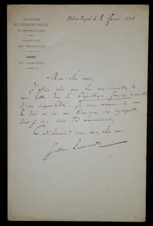 LETTRE AUTOGRAPHE SIGN&Eacute;E, INSTRUCTION PUBLIQUE, PARIS, 1891. LARROUMET Gustave