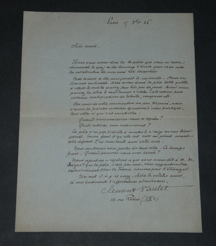 Cl&eacute;ment VAUTEL - LETTRE AUTOGRAPHE SIGN&Eacute;E sur la pi&egrave;ce CANDIDE - 1926. Cl&eacute;ment VAUTEL